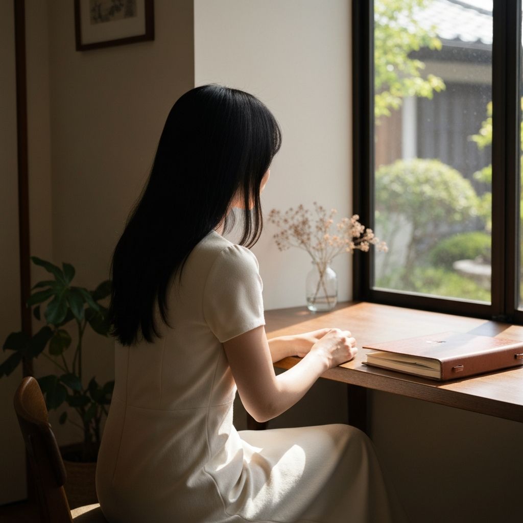 窓際で考え事をする女性の後ろ姿